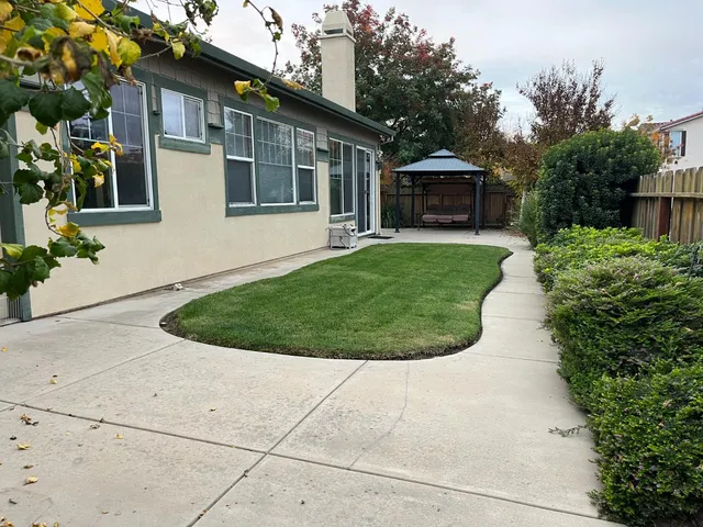 a view of a house with a yard and potted plants
