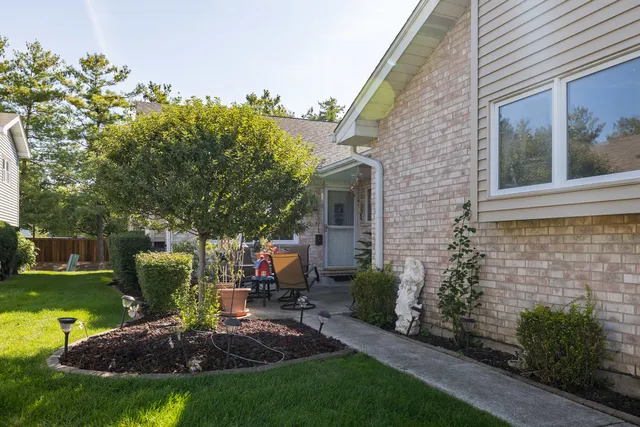 a view of backyard with plants and outdoor seating