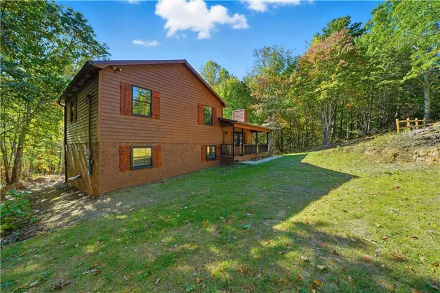 a view of a backyard with a large tree
