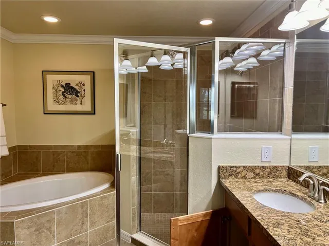 a bathroom with a granite countertop sink a bathtub and shower