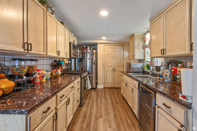 255 North 1600 West, Unit 60 Provo, UT 84601 - Photo 5 of 22 Kitchen with tasteful backsplash, light wood finish cabinetry, beverage cooler, stainless steel appliances, and light wood-type flooring