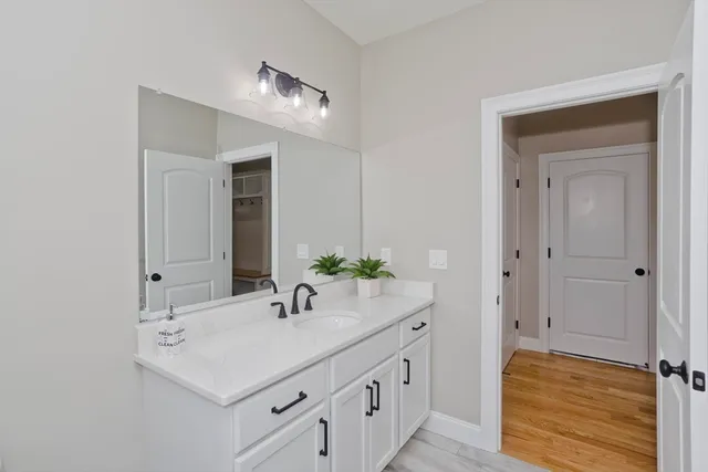 a bathroom with a sink and a mirror