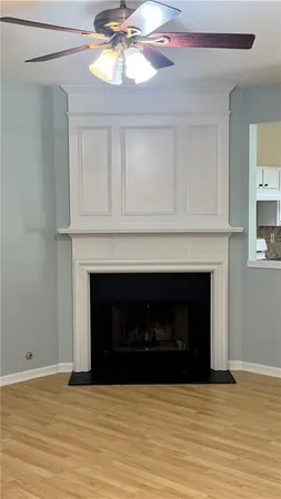 a living room with a fireplace