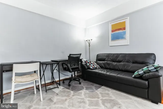 a living room with furniture a rug and a window