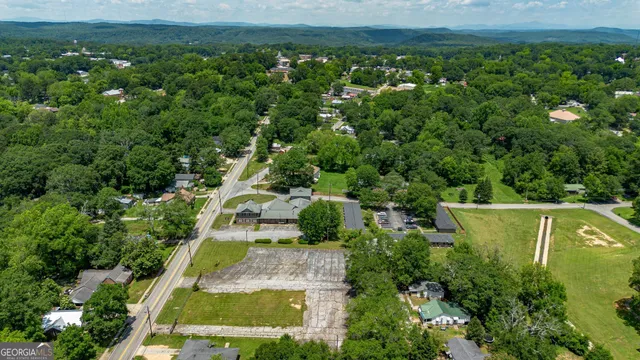 an aerial view of residential houses with outdoor space and trees