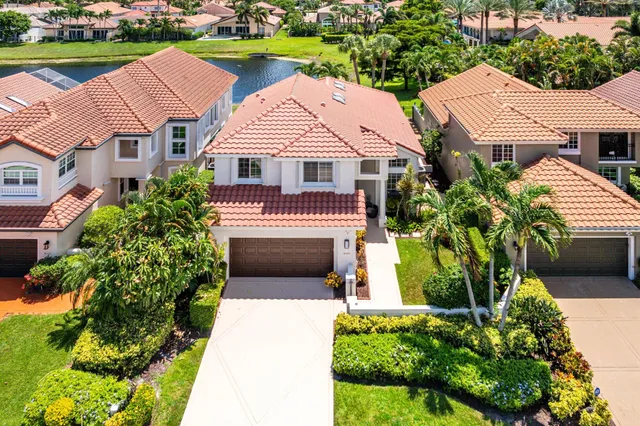 a aerial view of a house with a yard and potted plants