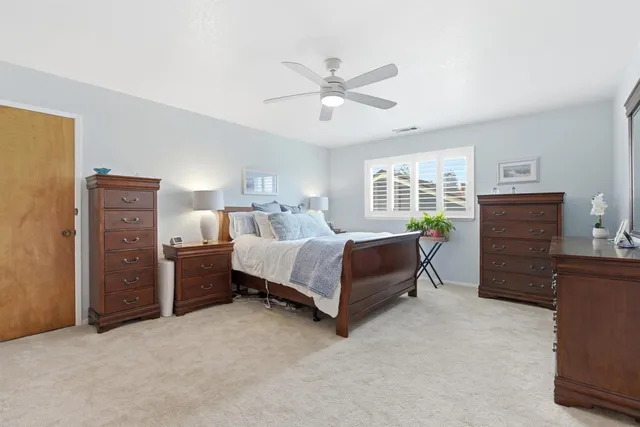 a bedroom with a bed and a closet