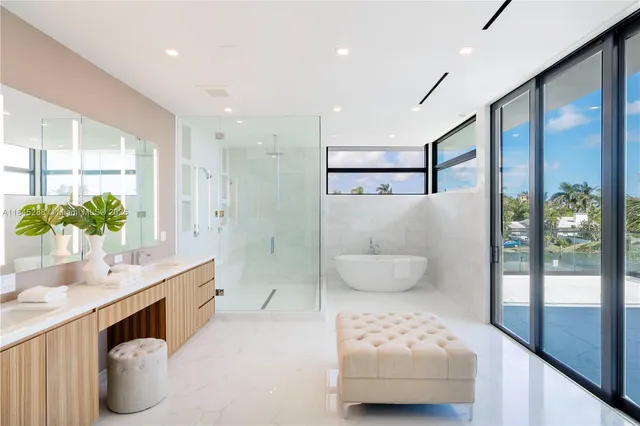 a view of a hallway with wooden furniture and stairs