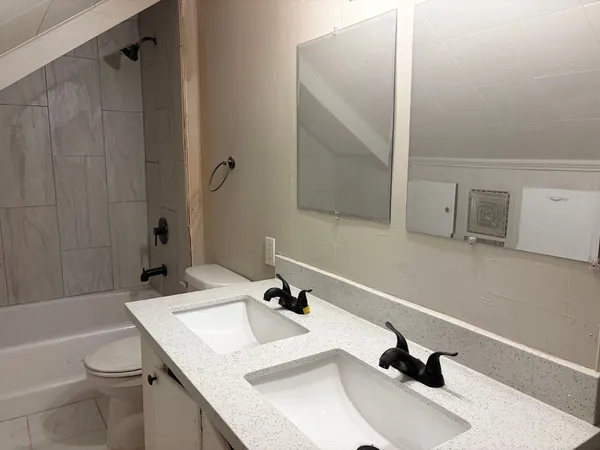 a bathroom with a bathtub