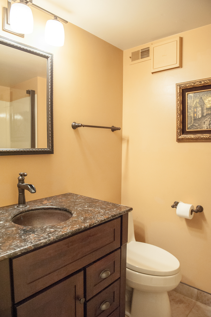 25 B Shoreline Road, Unit C345 Lake Barrington, IL 60010 - Photo 12 of 42 a bathroom with a granite countertop sink toilet and mirror