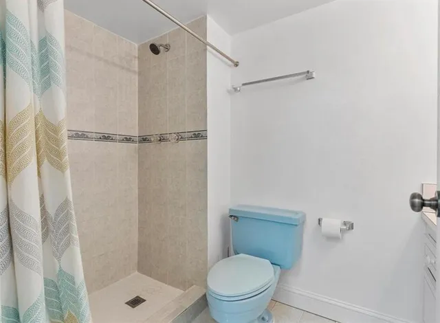 a bathroom with a shower and a toilet