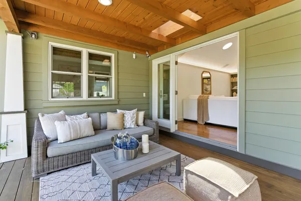a view of porch with seating space