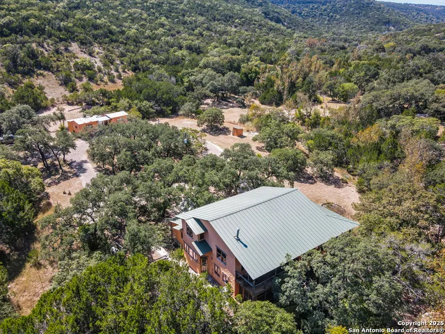 an aerial view of a house with a yard and large trees