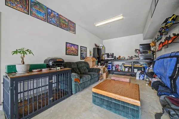 an aerial view of a house with a garden