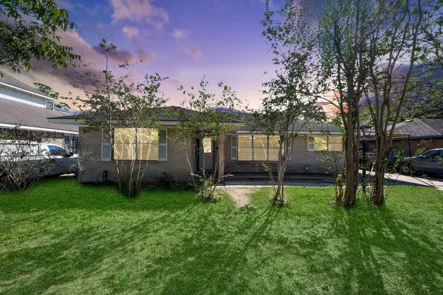 a view of a backyard with a garden and trees