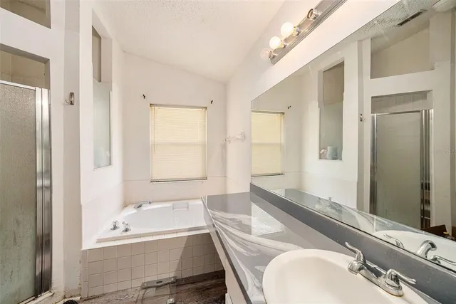 a bathroom with a granite countertop tub a sink and a large mirror