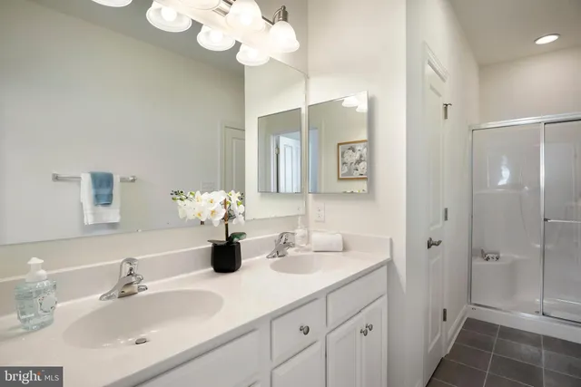 a bathroom with a double vanity sink mirror and shower