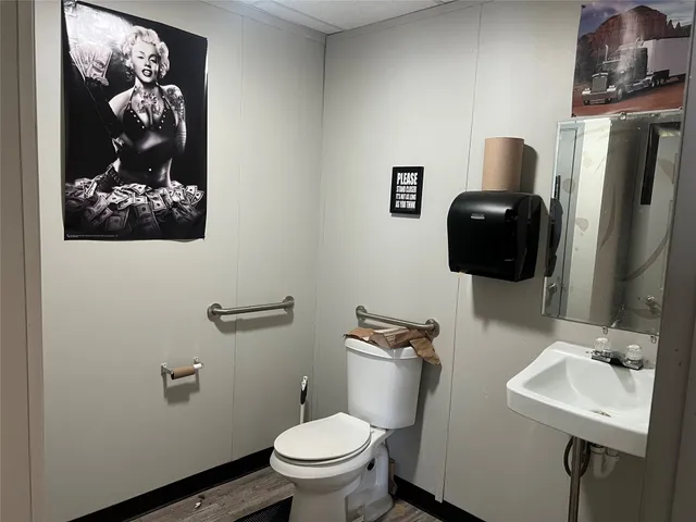 a bathroom with a toilet sink and mirror