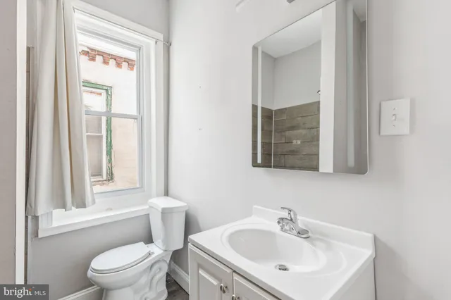 a bathroom with a sink a toilet and a mirror