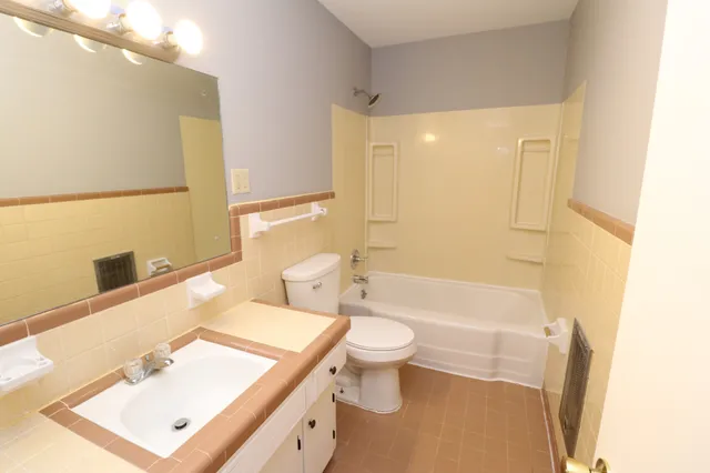a bathroom with a bathtub and a toilet