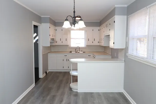 a kitchen with a sink cabinets stainless steel appliances and a window