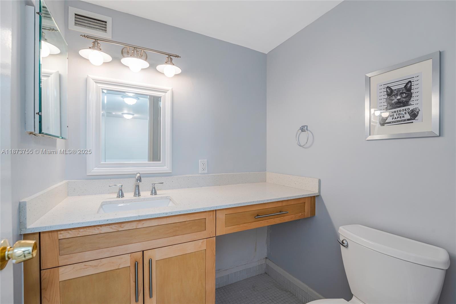 1700 Northeast 105th Street, Unit 505 Miami Shores, FL 33138 - Photo 15 of 20 a bathroom with a sink a toilet a mirror and vanity
