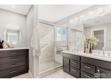 a bathroom with a sink a mirror and a shower