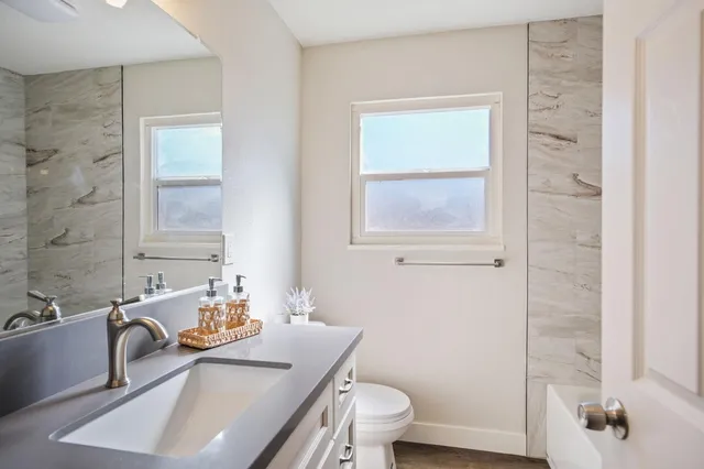 a bathroom with a sink toilet and vanity