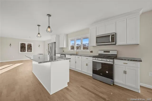 a kitchen with stainless steel appliances granite countertop a sink a stove a refrigerator cabinets and a window