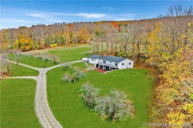 a view of a field with an trees