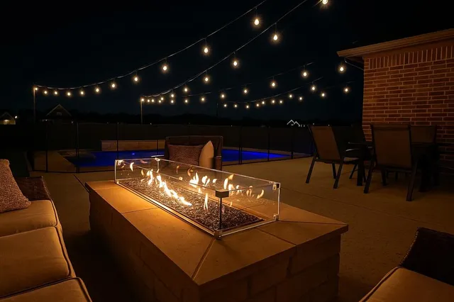a view of an outdoor dining space with a patio