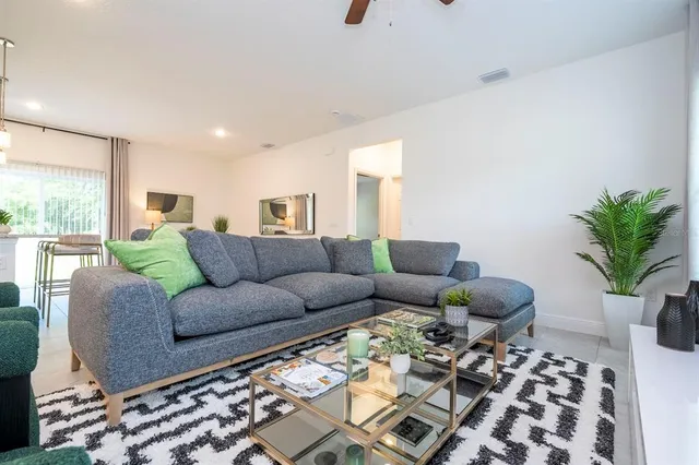 a living room with furniture and a rug