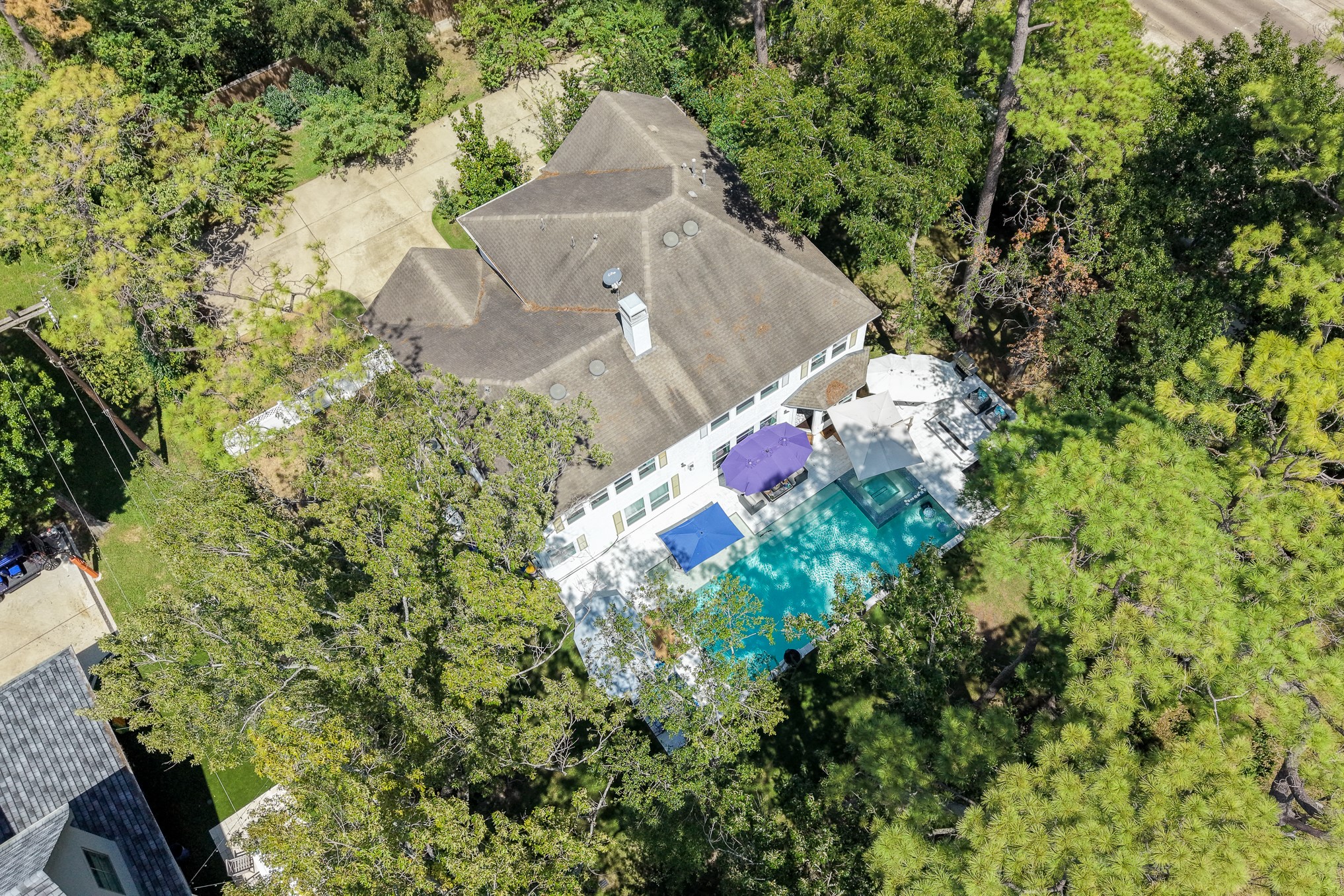 335 Voss Road Houston, TX 77024 - Photo 46 of 50 Bird's-eye view showcasing the home's resort-style pool and exceptional grounds.