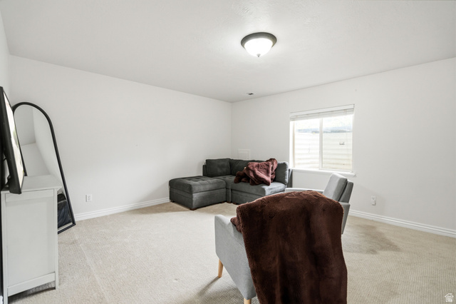 2029 West Crescent Row Mapleton, UT 84664 - Photo 17 of 28 Recessed window with privacy blinds, light-colored carpeting, white wall finishes, and a flush-mount ceiling light