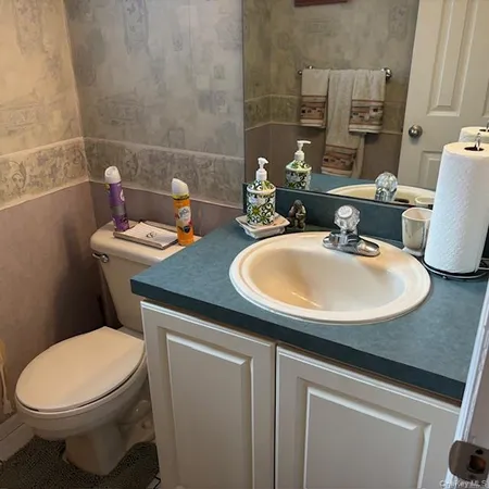 a bathroom with a sink a toilet and a mirror