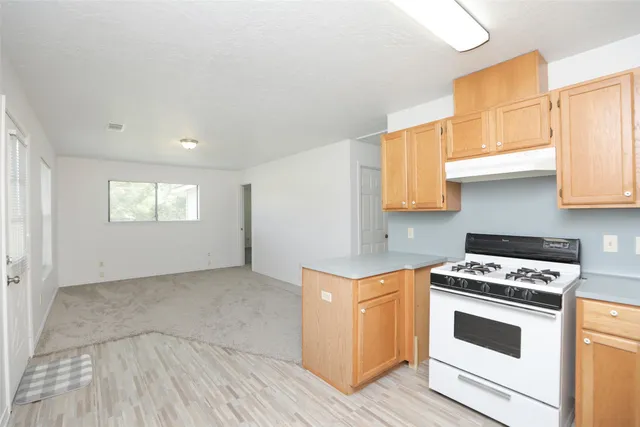 a kitchen with granite countertop a stove a sink and a microwave