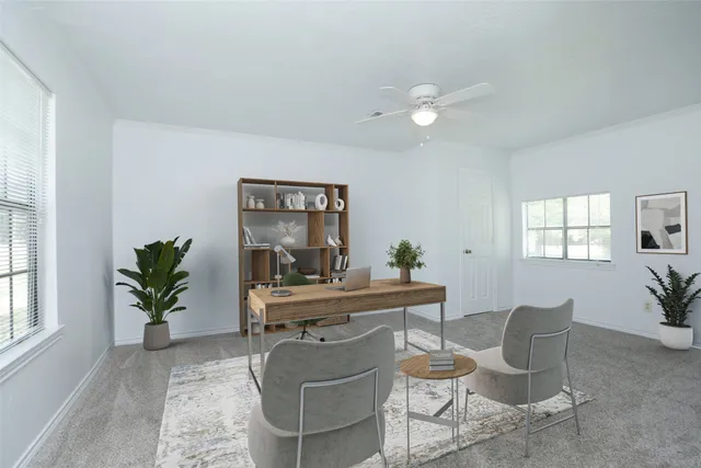 a living room with furniture a potted plant and a window