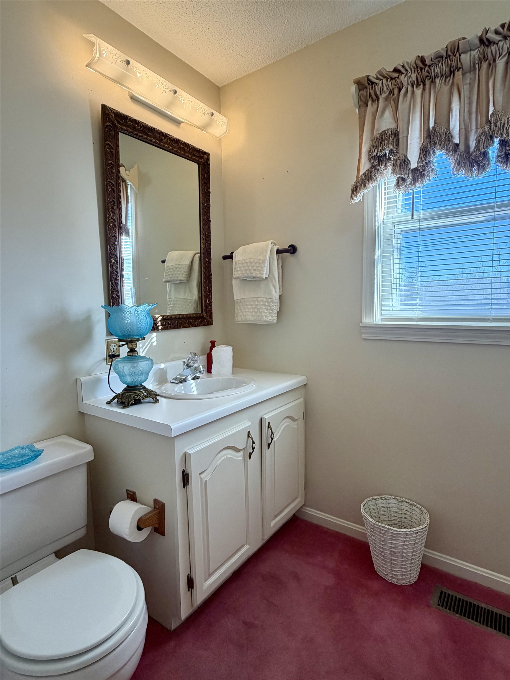 192 New Bethel Road Selmer, TN 38375 - Photo 17 of 27 Bathroom with vanity, a textured ceiling, and dark colored carpet