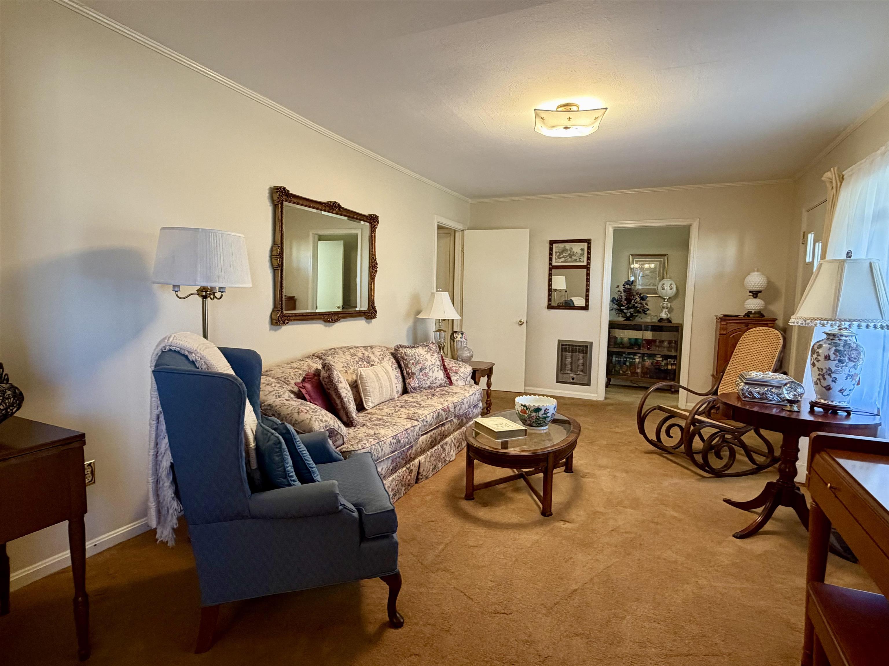 192 New Bethel Road Selmer, TN 38375 - Photo 3 of 27 Carpeted living room with ornamental molding and heating unit