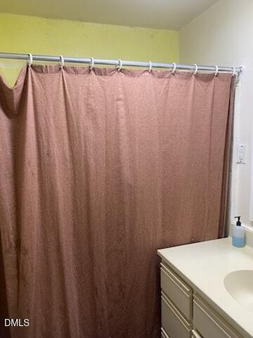 217 Heck Street Raleigh, NC 27601 - Photo 5 of 22 a bathroom with a shower curtain and sink