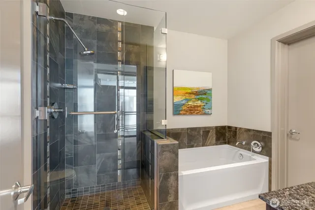 a bathroom with a bath tub