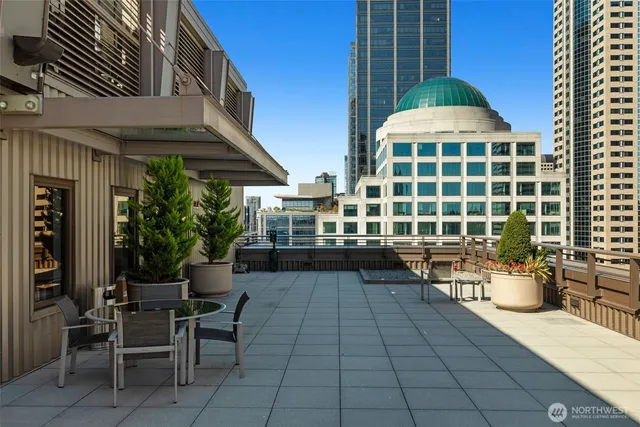 a view of a patio with table and chairs and potted plants