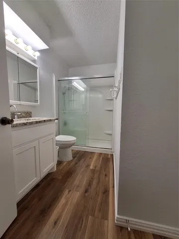 a bathroom with a granite countertop sink toilet and shower