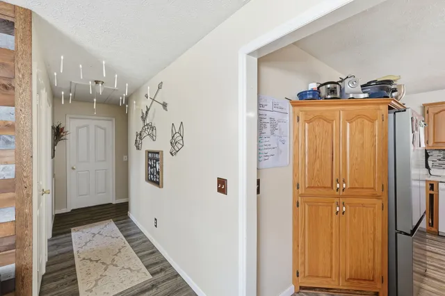 a view of a hallway with entryway door