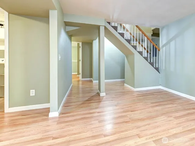 a view of a hallway view with wooden floor and staircase