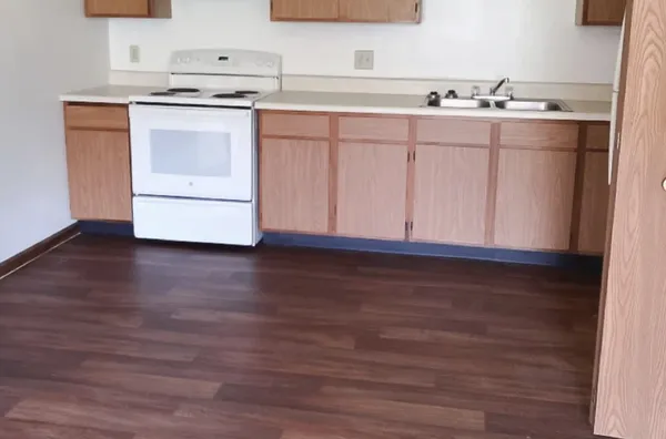 a kitchen with a sink cabinets and wooden floor