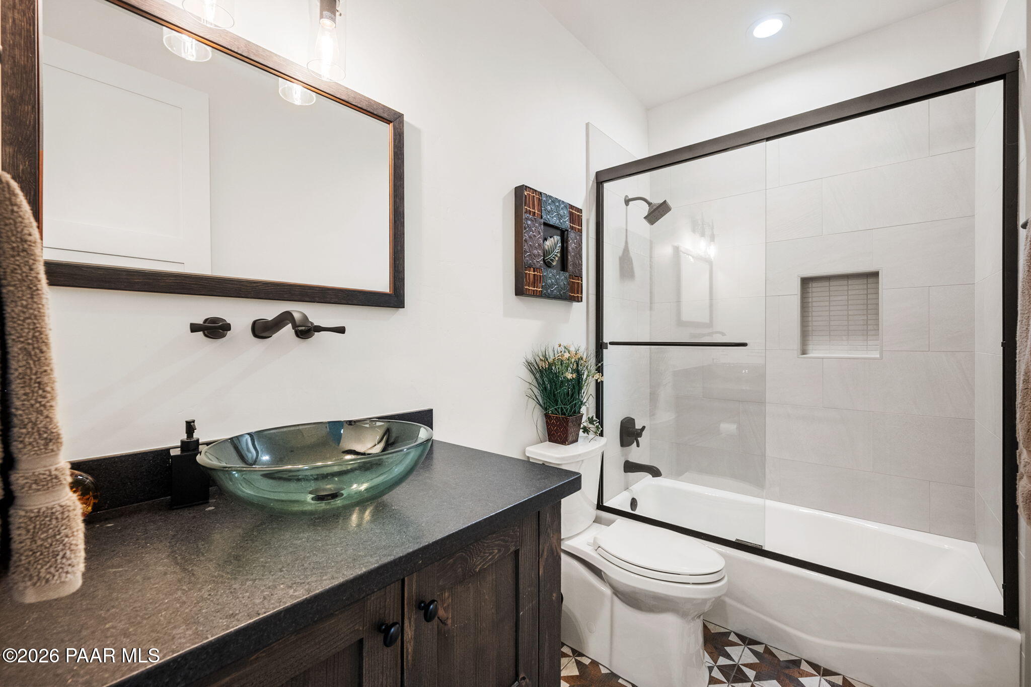 2140 Forest Mountain Road Prescott, AZ 86303 - Photo 38 of 56 a bathroom with a granite countertop sink toilet and shower