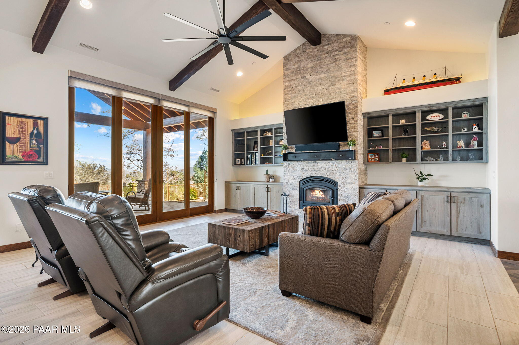 2140 Forest Mountain Road Prescott, AZ 86303 - Photo 7 of 56 a living room with furniture a fireplace and a flat screen tv
