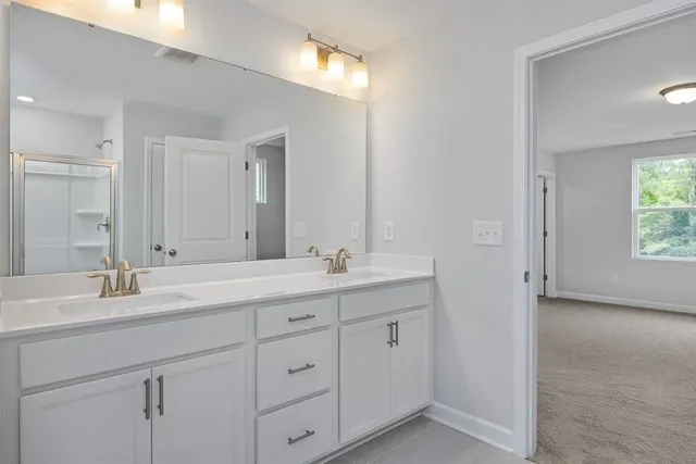a bathroom with a granite countertop sink mirror and double