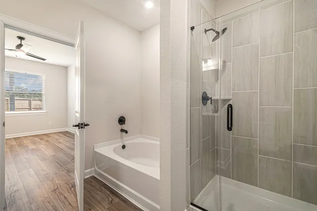 a bathroom with a bathtub and a shower